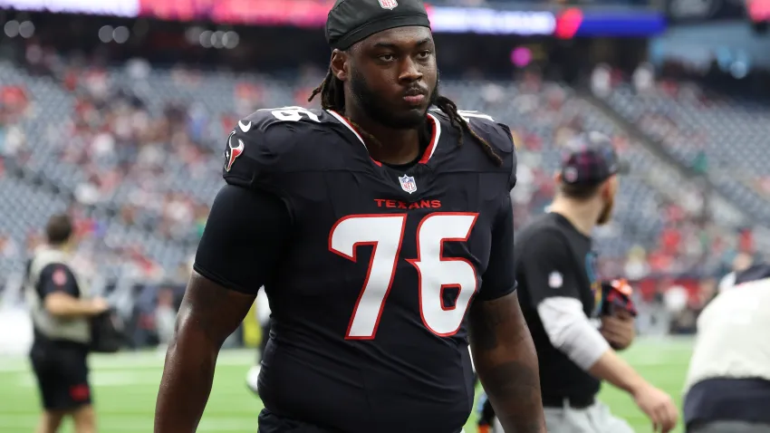 Sep 29, 2024; Houston, Texas, USA; Houston Texans guard Kenyon Green (76) during the game against the Jacksonville Jaguars at NRG Stadium. Mandatory Credit: Troy Taormina-Imagn Images