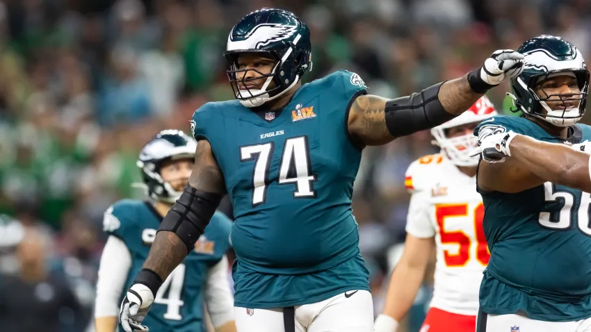 Feb 9, 2025; New Orleans, LA, USA; Philadelphia Eagles offensive tackle Fred Johnson (74) against the Kansas City Chiefs during Super Bowl LIX at Ceasars Superdome. Mandatory Credit: Mark J. Rebilas-Imagn Images