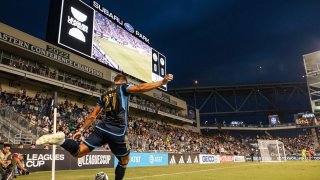 Aug 17, 2024; Chester, Pennsylvania, USA; Philadelphia Union defender Kai Wagner (27) makes a corner kick against Mazatlan FC during the first half in a Leagues Cup quarterfinal match at Subaru Park. Mandatory Credit: Vincent Carchietta-USA TODAY Sports