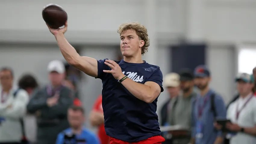 OXFORD, MISSISSIPPI – MARCH 28: Jaxson Dart #2 of the Mississippi Rebels participates in a drill during Ole Miss Pro Day at the Manning Athletic Center on March 28, 2025 in Oxford, Mississippi.