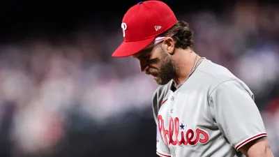 NEW YORK, NEW YORK – APRIL 22: Bryce Harper #3 of the Philadelphia Phillies looks on during the seventh inning of the game against the New York Mets at Citi Field on April 22, 2025 in New York City. (Photo by Dustin Satloff/Getty Images)