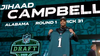GREEN BAY, WISCONSIN – APRIL 24: Linebacker Jihaad Campbell of Alabama poses after being selected thirty-first overall pick by the Philadelphia Eagles during the first round of the 2025 NFL Draft at Lambeau Field on April 24, 2025 in Green Bay, Wisconsin. (Photo by Stacy Revere/Getty Images)