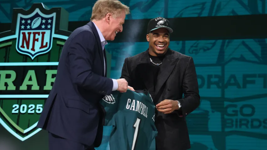 GREEN BAY, WISCONSIN – APRIL 24: Linebacker Jihaad Campbell of Alabama celebrates with NFL Commissioner Roger Goodell after being selected thirty-first overall pick by the Philadelphia Eagles during the first round of the 2025 NFL Draft at Lambeau Field on April 24, 2025 in Green Bay, Wisconsin. (Photo by Stacy Revere/Getty Images)