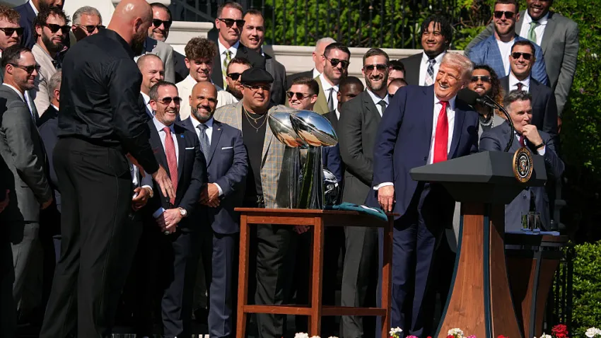 WASHINGTON, DC – APRIL 28: U.S. President Donald Trump delivers remarks at an event welcoming the 2025 Super Bowl Champion Philadelphia Eagles on the South Lawn of the White House on April 28, 2025 in Washington, DC. President Trump honored the Eagles after their second Super Bowl victory, following their first win in 2018. (Photo by Andrew Harnik/Getty Images)