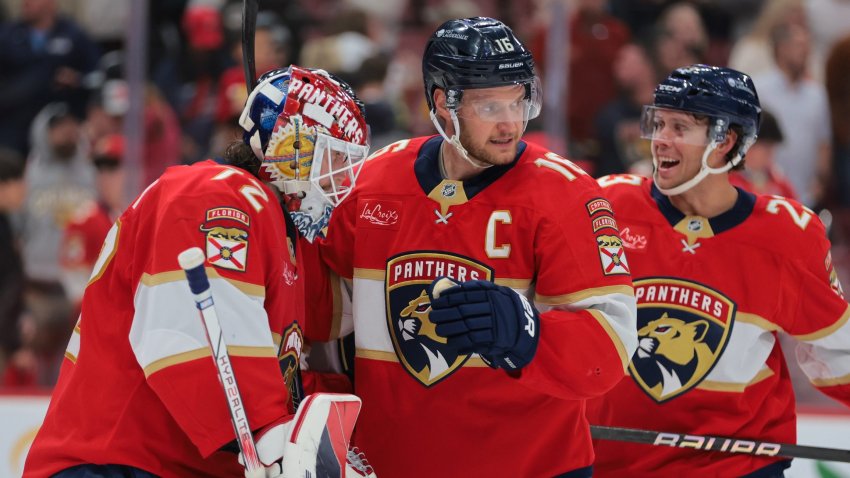 Feb 27, 2025; Sunrise, Florida, USA; Florida Panthers goaltender Sergei Bobrovsky (72) celebrates with center Aleksander Barkov (16) after the game against the Edmonton Oilers at Amerant Bank Arena.