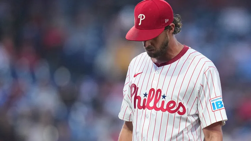 PHILADELPHIA, PENNSYLVANIA – MAY 14: Aaron Nola #27 of the Philadelphia Phillies walks to the dugout after being removed from the game in the top of the fourth inning against the St. Louis Cardinals during game two of a doubleheader at Citizens Bank Park on May 14, 2025 in Philadelphia, Pennsylvania. The Cardinals defeated the Phillies 14-7. (Photo by Mitchell Leff/Getty Images)