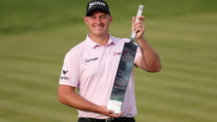 Sepp Straka of Austria poses with the Truist Championship trophy