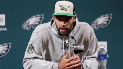 May 28, 2025; Philadelphia, PA, USA; Philadelphia Eagles tight end Dallas Goedert speaks with the media during OTAs at NovaCare Complex. Mandatory Credit: Bill Streicher-Imagn Images