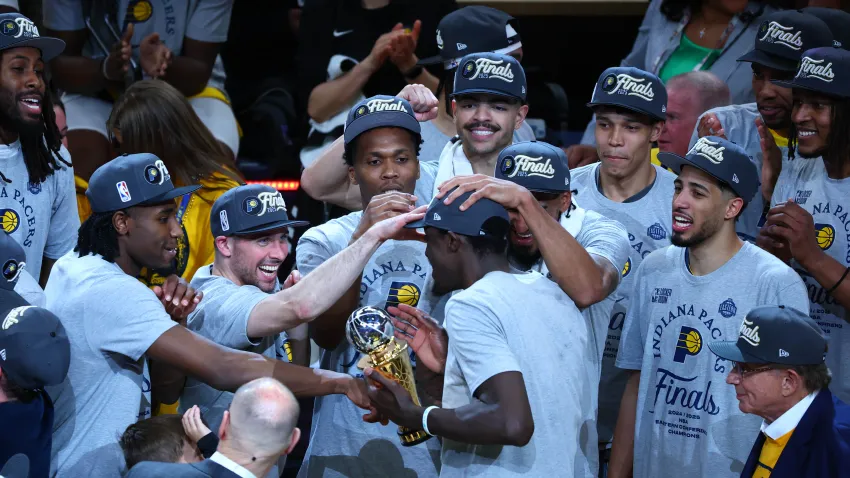 Pascal Siakam of the Indiana Pacers is celebrated by his teammates