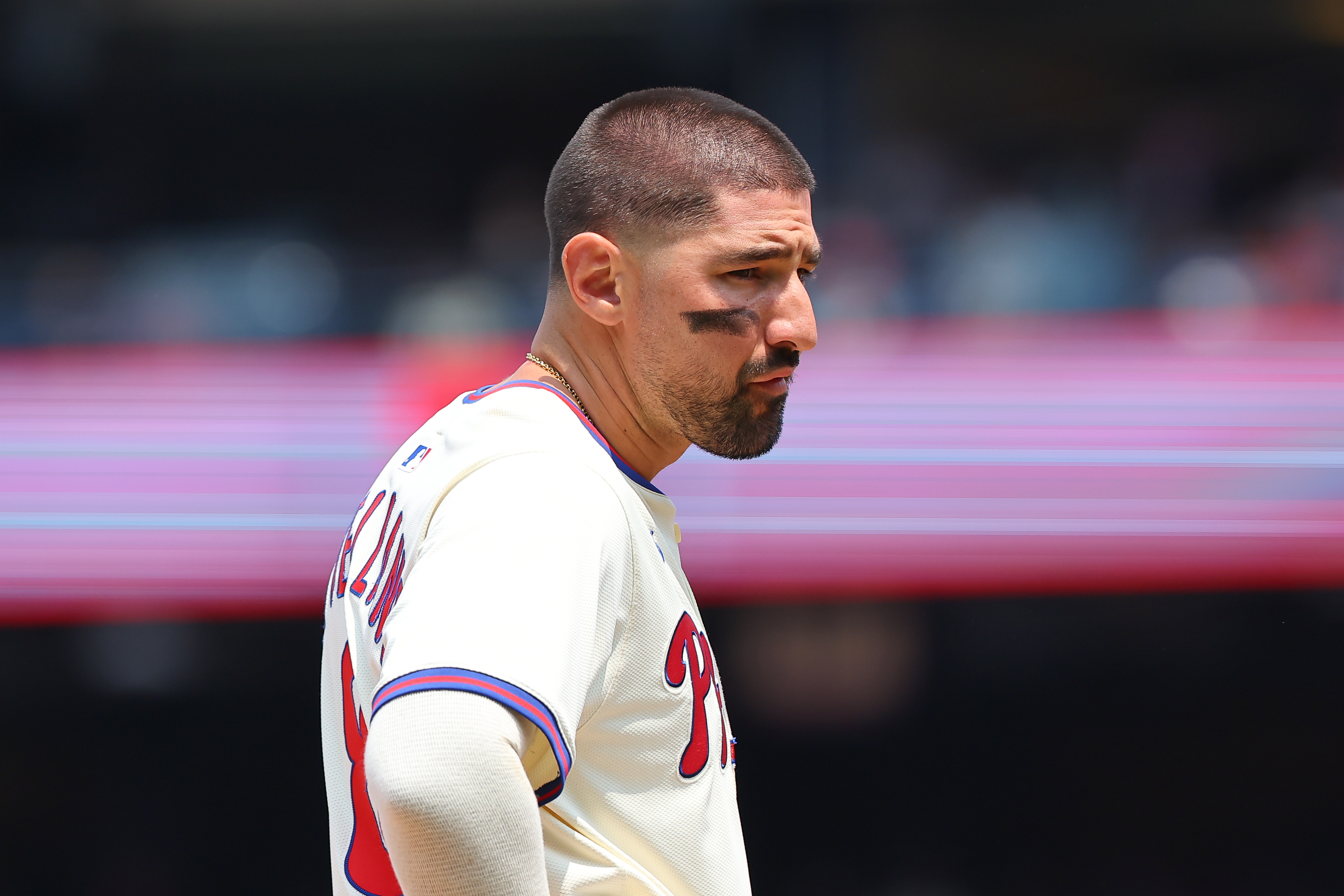 PHILADELPHIA, PA – JUNE 11:  Nick Castellanos #8 of the Philadelphia Phillies at third base during the game against the Chicago Cubs on June 11, 2025 at Citizens Bank Park in Philadelphia, Pennsylvania.  (Photo by Rich Graessle/Icon Sportswire via Getty Images)