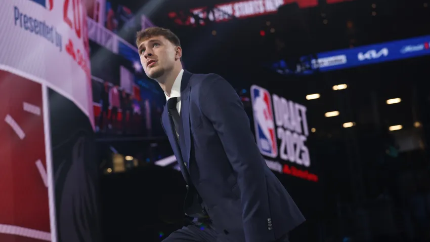 BROOKLYN, NY – JUNE 25:  Cooper Flagg looks on during the 2025 NBA Draft – Round One on June 25, 2025 at Barclays Center in Brooklyn, New York.