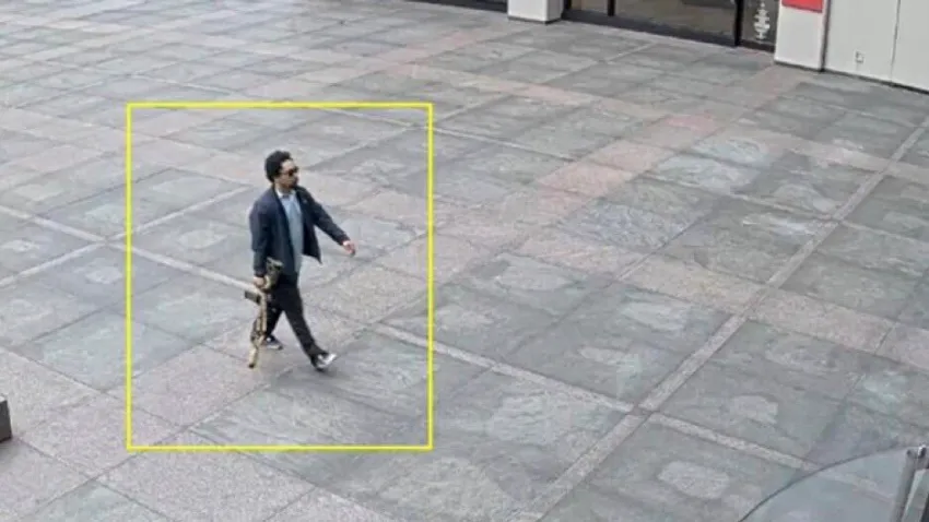 This image from surveillance video obtained by The Associated Press shows Shane Tamura outside a Manhattan office building on Monday, July 28, 2025 in New York.