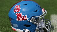 COLUMBIA, SC – OCTOBER 05: an Mississippi Rebels helmet rests near the sidelines before the game between the Ole Miss Rebels and the South Carolina Gamecocks on Saturday, October 5, 2024 at Williams-Brice Stadium in Columbia, SC (Photo by Peter Joneleit/Icon Sportswire via Getty Images)