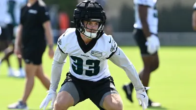 PHILADELPHIA, PA – JULY 24: Philadelphia Eagles cornerback Cooper DeJean (33) runs a drill during preseason training camp on July 24th, 2025 at the NovaCare Complex in Philadelphia, PA. (Photo by Terence Lewis/Icon Sportswire via Getty Images)