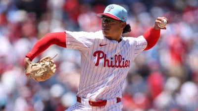 Jul 4, 2025; Philadelphia, Pennsylvania, USA; Philadelphia Phillies pitcher Jess Luzardo (44) throws a pitch during the first inning against the Cincinnati Reds at Citizens Bank Park. Mandatory Credit: Bill Streicher-Imagn Images