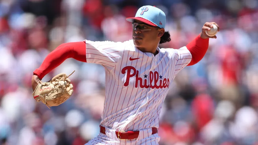 Jul 4, 2025; Philadelphia, Pennsylvania, USA; Philadelphia Phillies pitcher Jess Luzardo (44) throws a pitch during the first inning against the Cincinnati Reds at Citizens Bank Park. Mandatory Credit: Bill Streicher-Imagn Images