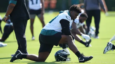 Jul 24, 2025; Philadelphia, PA, USA; Philadelphia Eagles defensive tackle Jordan Davis (90) warms up during training camp at NovaCare Complex. Mandatory Credit: Kyle Ross-Imagn Images