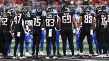 Atlanta, Georgia - August 8: Atlanta, August 8, 2025, on August 8, 2025, during the fourth quarter of the NFL Perception Football Game at Mercedes Benz Stadium, Atlanta Falcons and Detroit Lines players hold hands in midfield. (Photo for Kevin Sabyats/Getty Images)