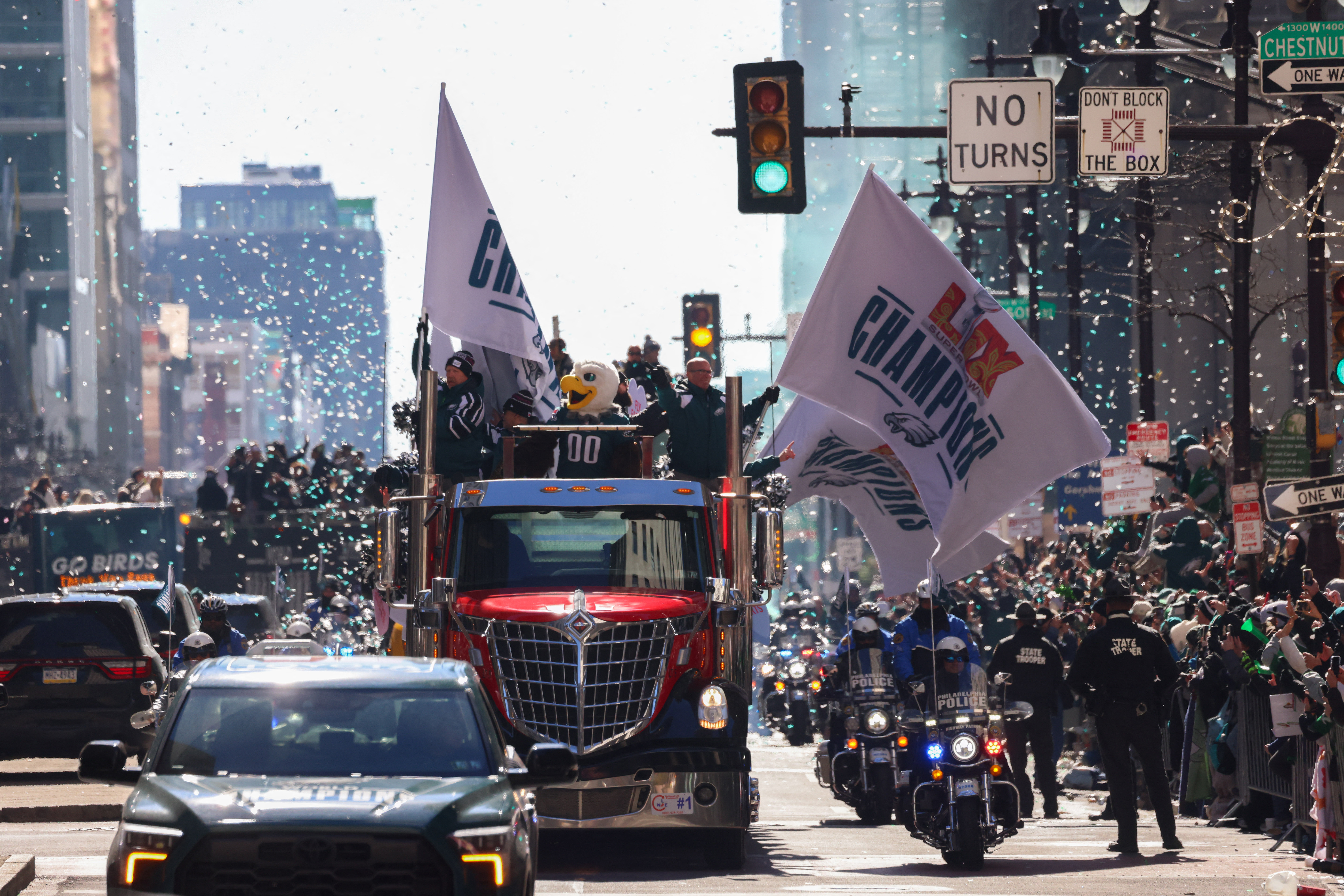 The Philadelphia Eagles celebrate during their Super Bowl Championship parade in Philadelphia, Pennsylvania, on February 14, 2025. (Photo by CHARLY TRIBALLEAU / AFP) (Photo by CHARLY TRIBALLEAU/AFP via Getty Images)