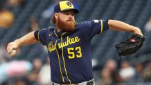 Sep 6, 2025; Pittsburgh, Pennsylvania, USA;  Milwaukee Brewers starting pitcher Brandon Woodruff (53) delivers a pitch against the Pittsburgh Pirates during the first inning at PNC Park. Mandatory Credit: Charles LeClaire-Imagn Images