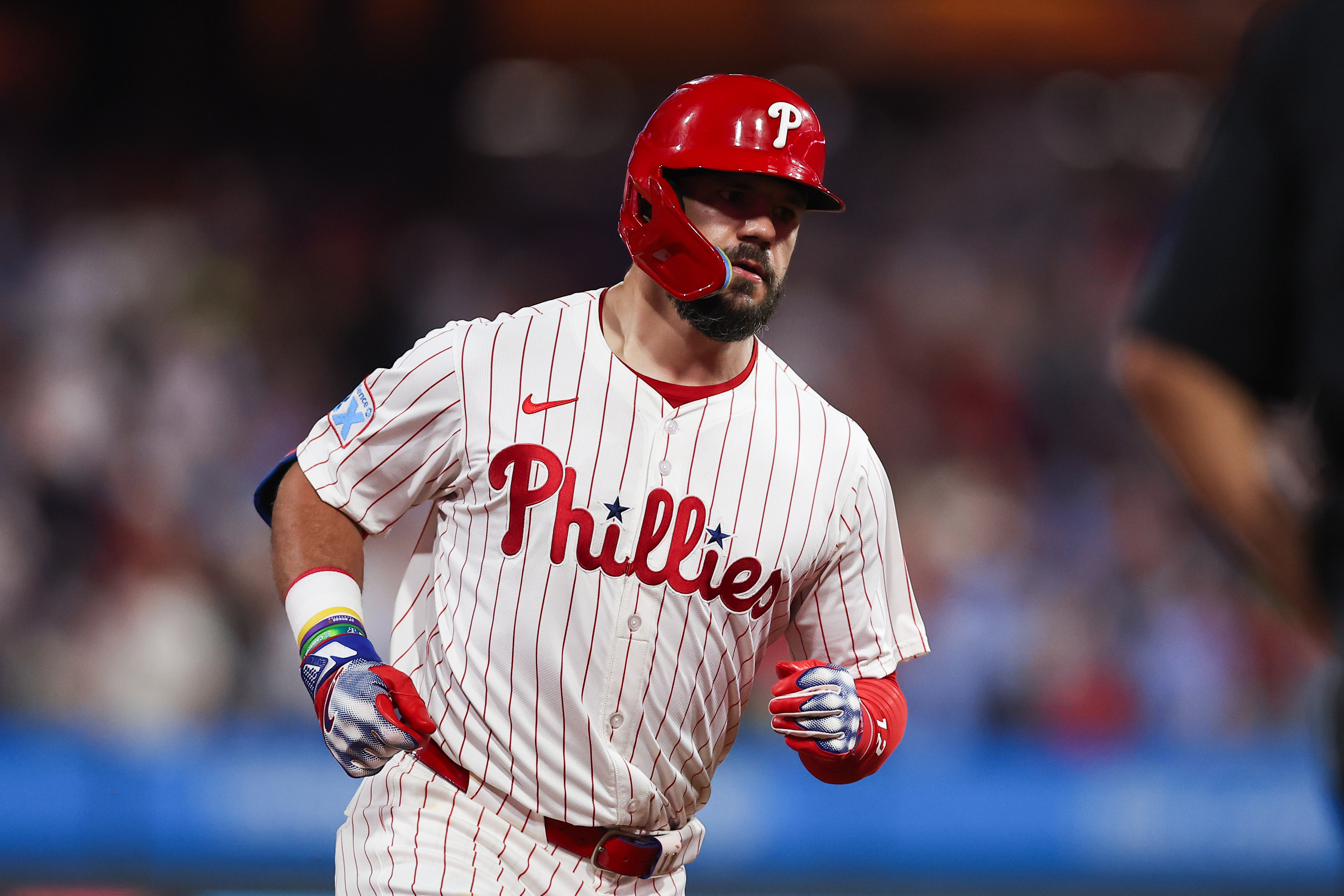 Sep 24, 2025; Philadelphia, Pennsylvania, USA; Philadelphia Phillies outfielder Kyle Schwarber (12) runs the bases after hitting a home run during the seventh inning against the Miami Marlins at Citizens Bank Park. Mandatory Credit: Bill Streicher-Imagn Images