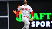 Apr 11, 2022; Philadelphia, Pennsylvania, USA; Philadelphia Phillies outfielder Bryce Harper (3) tracks down a fly ball in the sixth inning against the New York Mets at Citizens Bank Park. Mandatory Credit: Kyle Ross-USA TODAY Sports