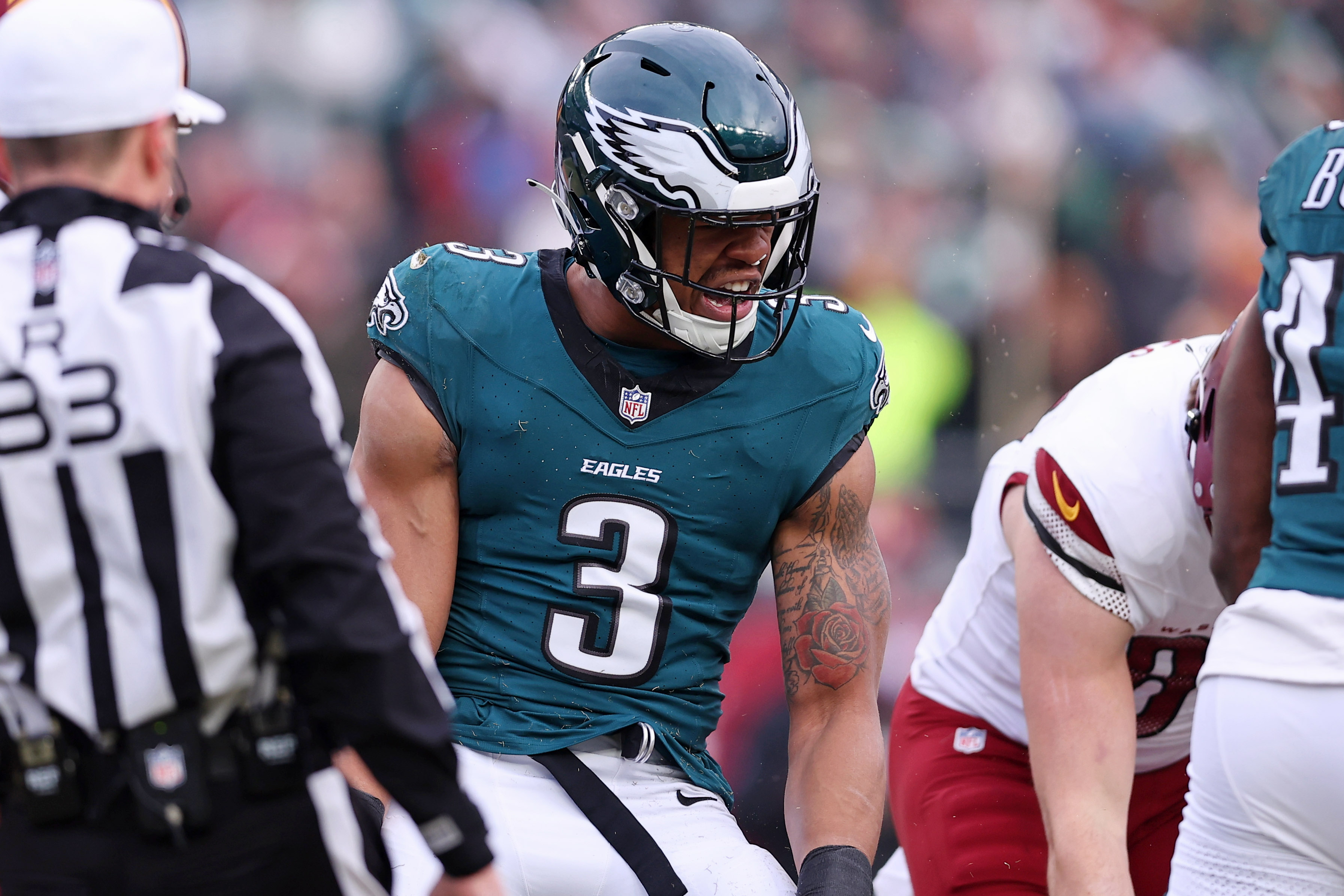 Philadelphia Eagles linebacker Nolan Smith Jr. reacts after a play against the Washington Commanders during the first half of the NFC Championship game at Lincoln Financial Field.