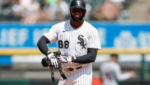 Aug 13, 2025; Chicago, Illinois, USA; Chicago White Sox center fielder Luis Robert Jr. (88) reacts after hitting a double against the Detroit Tigers during the fifth inning at Rate Field. Mandatory Credit: Kamil Krzaczynski-Imagn Images