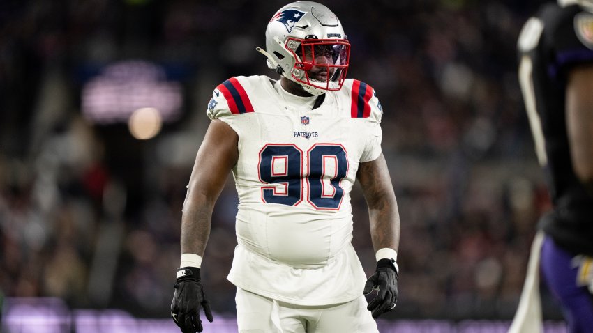 BALTIMORE, MARYLAND – DECEMBER 21: Christian Barmore #90 of the New England Patriots looks on during an NFL football game against the Baltimore Ravens at M&T Bank Stadium on December 21, 2025 in Baltimore, Maryland. (Photo by Michael Owens/Getty Images)