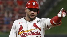 Sep 15, 2025; St. Louis, Missouri, USA; St. Louis Cardinals first baseman Willson Contreras (40) celebrates after hitting a RBI single against the Cincinnati Reds in the sixth inning at Busch Stadium. Mandatory Credit: Joe Puetz-Imagn Images
