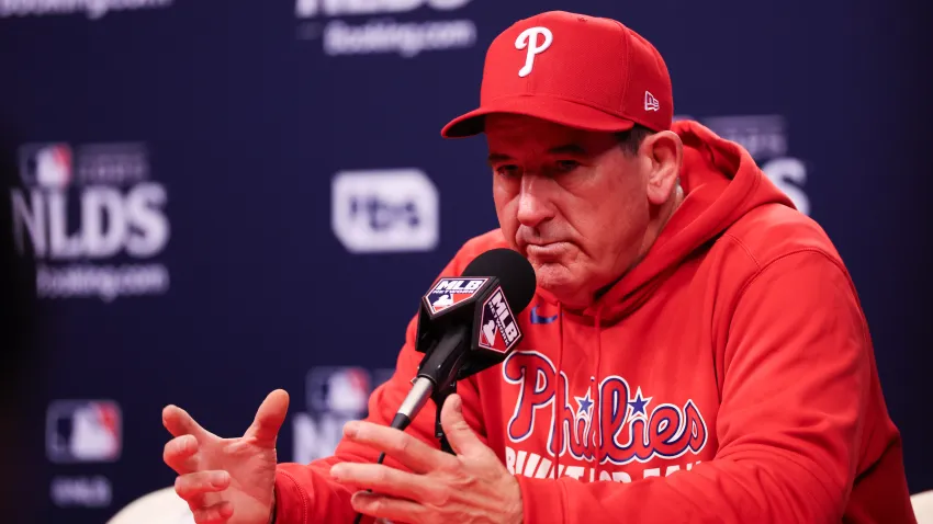 Oct 4, 2025; Philadelphia, Pennsylvania, USA; Philadelphia Phillies manager Rob Thomson speaks with the media before game one of the NLDS round of the 2025 MLB playoffs against the Los Angeles Dodgers at Citizens Bank Park. Mandatory Credit: Bill Streicher-Imagn Images