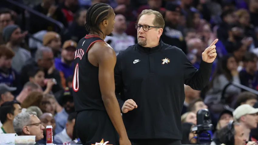 Dec 7, 2025; Philadelphia, Pennsylvania, USA; Philadelphia 76ers head coach Nick Nurse and guard Tyrese Maxey talk during the third quarter against the Los Angeles Lakers at Xfinity Mobile Arena. Mandatory Credit: Bill Streicher-Imagn Images