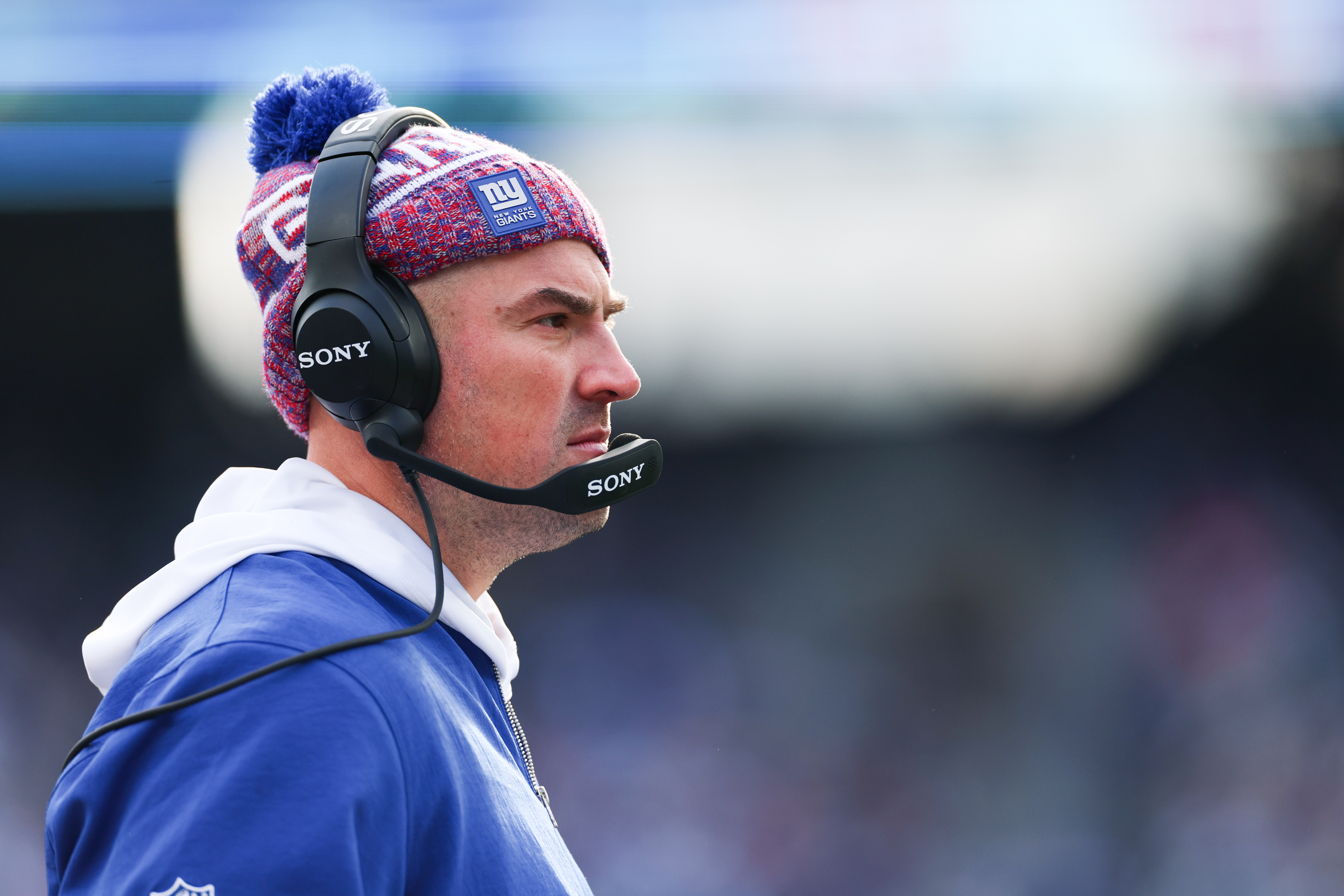 Jan 4, 2026; East Rutherford, New Jersey, USA; New York Giants head coach Mike Kafka looks on during the second quarter against the Dallas Cowboys at MetLife Stadium. Mandatory Credit: Vincent Carchietta-Imagn Images