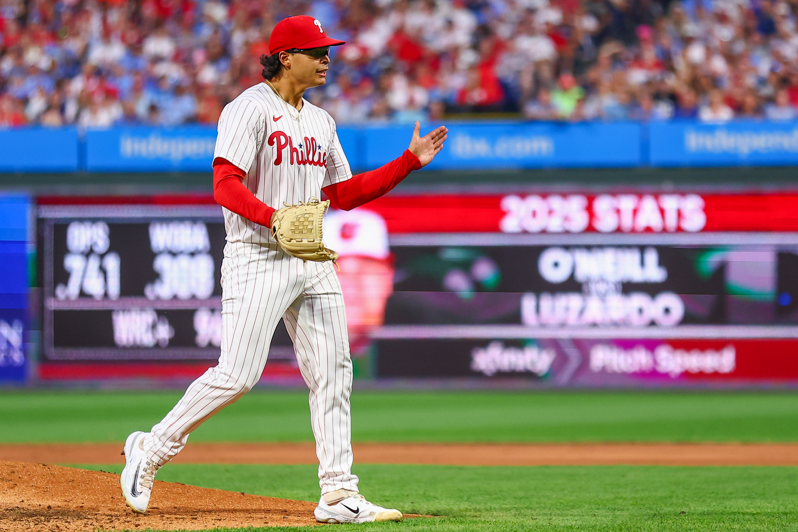 PHILADELPHIA, PA – AUGUST 04:  Jesús Luzardo #44 of the Philadelphia Phillies reacts during the game between the Baltimore Orioles and the Philadelphia Phillies at Citizens Bank Park on Monday, August 4, 2025 in Philadelphia, Pennsylvania. (Photo by Phebe Grosser/MLB Photos via Getty Images)