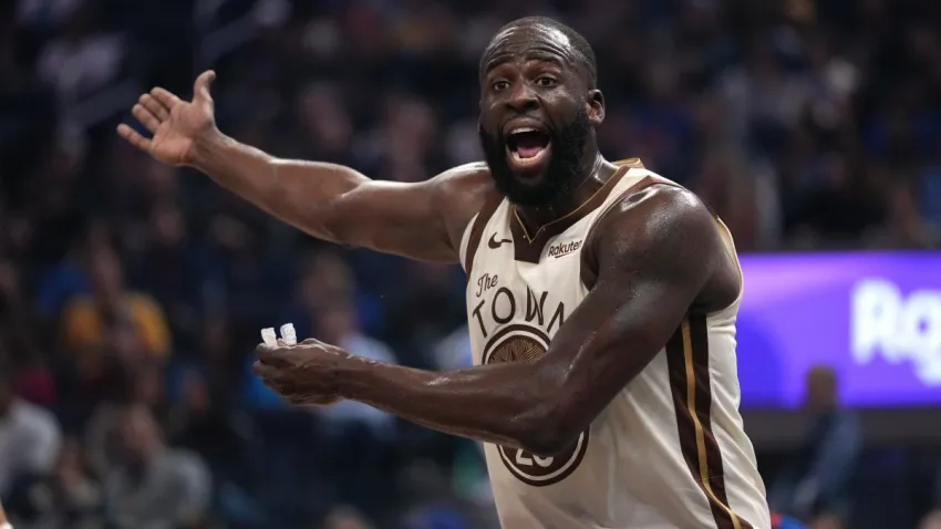 Jan 30, 2026; San Francisco, California, USA; Golden State Warriors forward Draymond Green (23) reacts after the Warriors committed a turnover against the Detroit Pistons in the first quarter at the Chase Center. Mandatory Credit: Cary Edmondson-Imagn Images