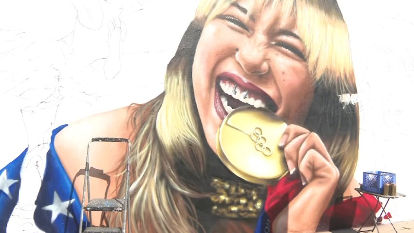 Muralist Gustavo Zermeño Jr.'s artwork of Team USA figure skater Alysa Liu, as seen on Wednesday, Feb. 25, 2026.