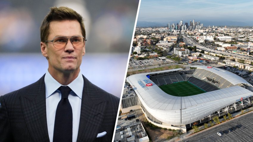 Tom Brady is pictured next to an image of Los Angeles' BMO Stadium.