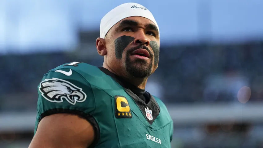 Jalen Hurts #1 of the Philadelphia Eagles looks on before the NFC Wild Card Playoff game against the San Francisco 49ers at Lincoln Financial Field on January 11, 2026 in Philadelphia, Pennsylvania.