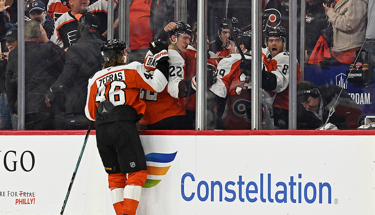 Flyers Make A Playoff Memory In Tight Penalty Box NBC Sports USA Trevor Zegras Flyers Penalty Box Celebration 