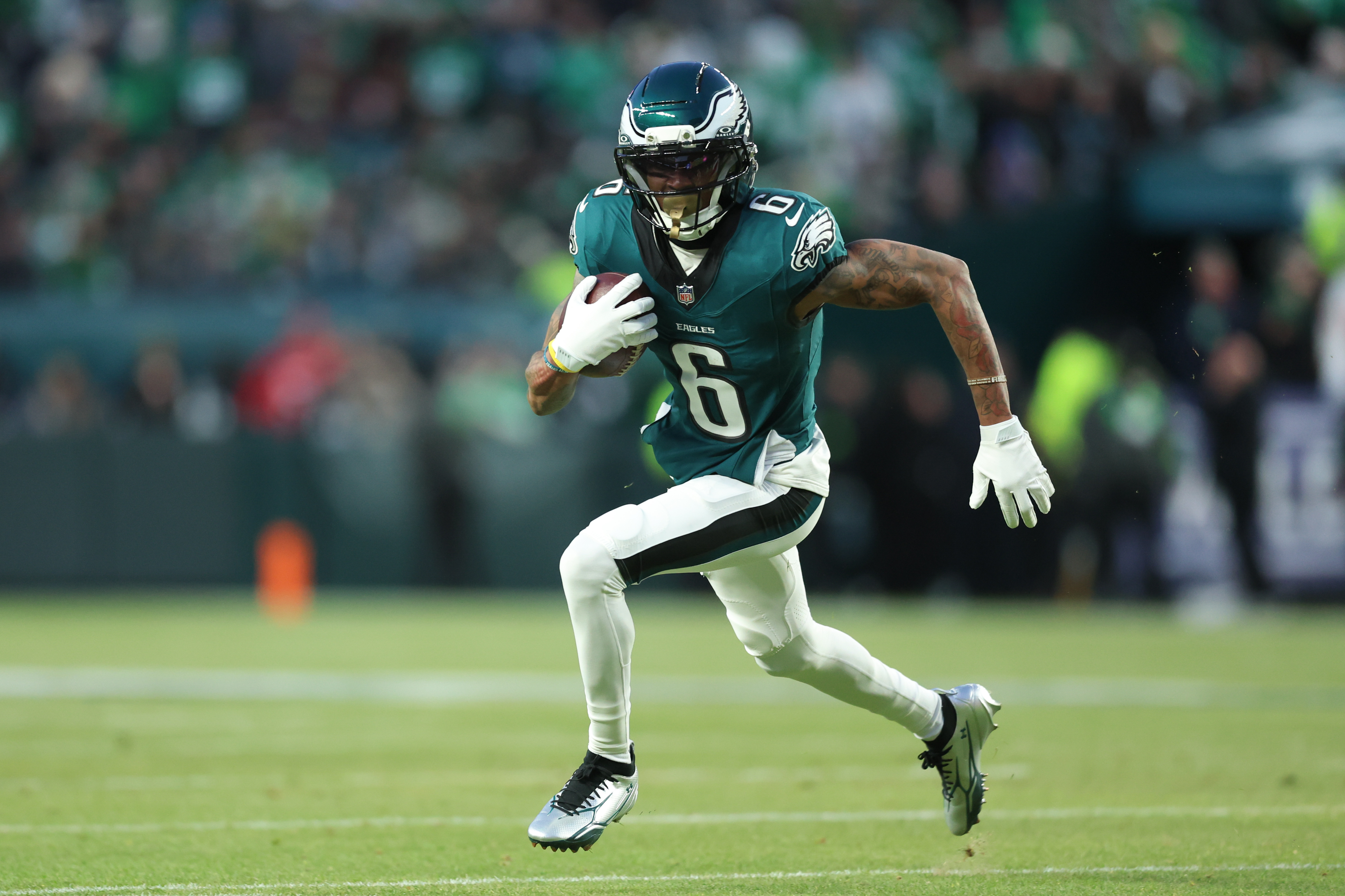 Jan 11, 2026; Philadelphia, PA, USA; Philadelphia Eagles wide receiver DeVonta Smith (6) in action against the San Francisco 49ers in an NFC Wild Card Round game at Lincoln Financial Field. Mandatory Credit: Bill Streicher-Imagn Images