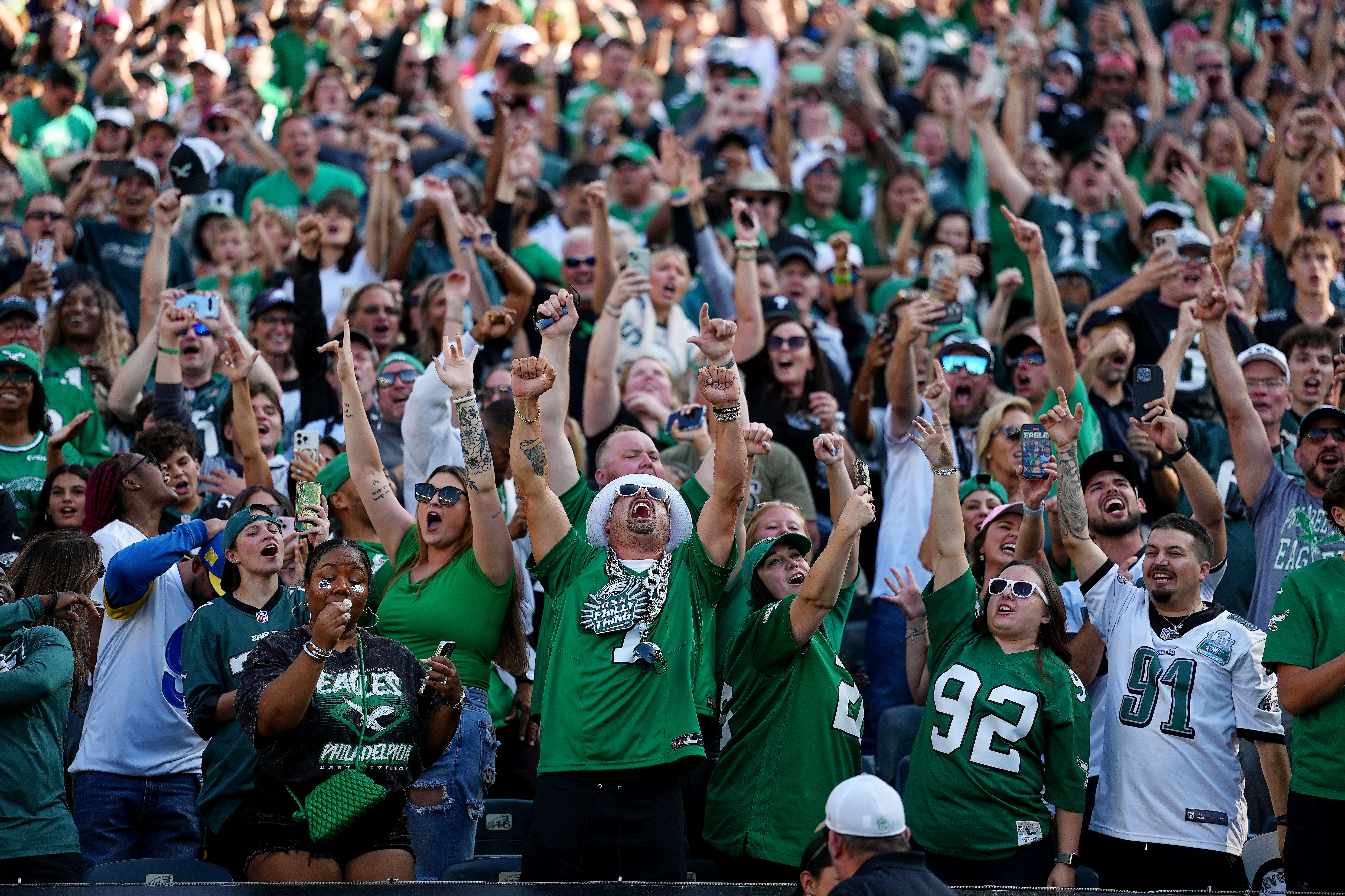 PHILADELPHIA, PENNSYLVANIA – SEPTEMBER 21: Philadelphia Eagles fans react after the game against the Los Angeles Rams at Lincoln Financial Field on September 21, 2025 in Philadelphia, Pennsylvania. (Photo by Mitchell Leff/Getty Images)