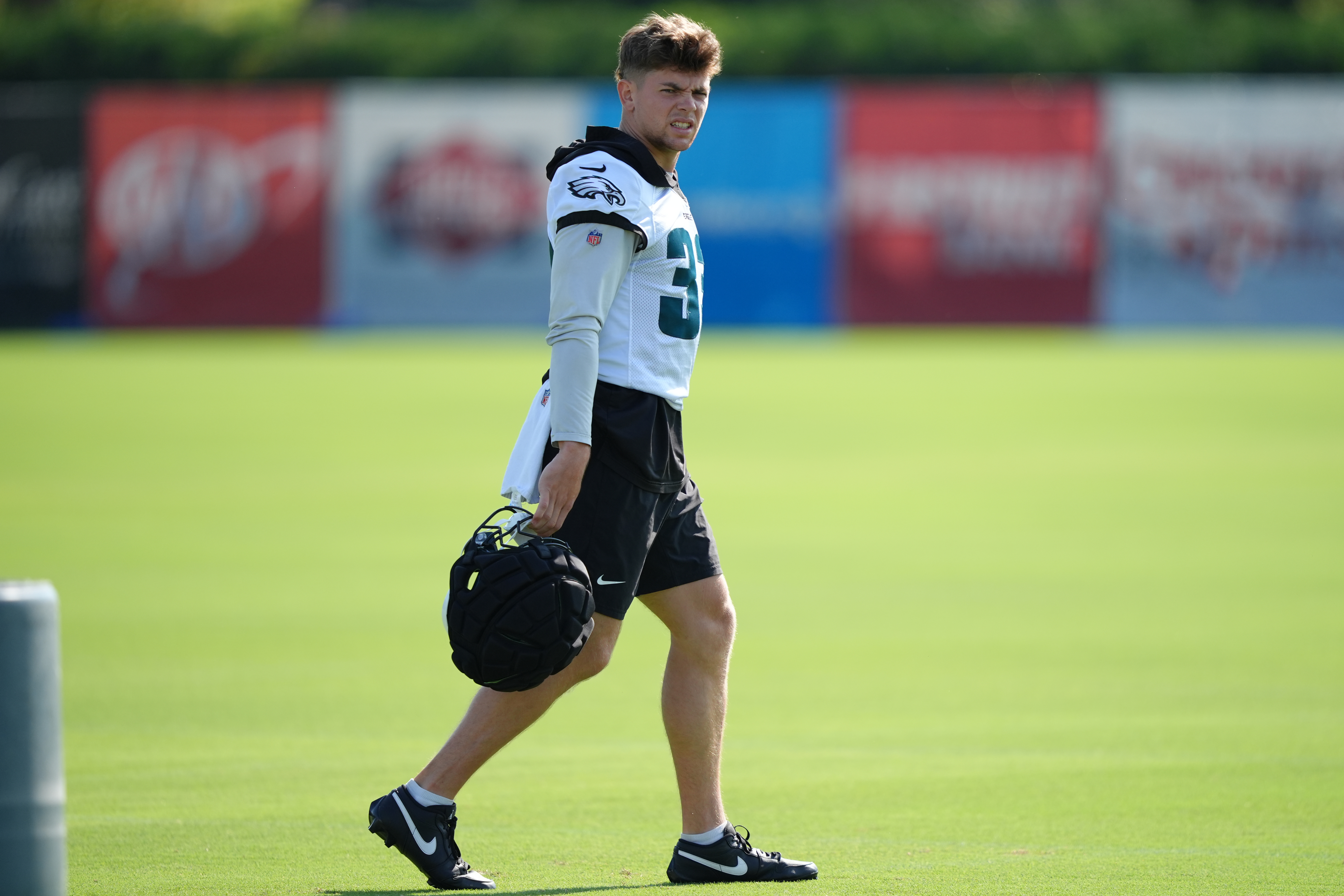 Jul 24, 2025; Philadelphia, PA, USA; Philadelphia Eagles defensive back Cooper DeJean (33) walks the field during training camp at NovaCare Complex. Mandatory Credit: Kyle Ross-Imagn Images