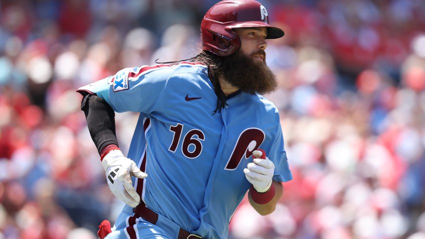 Jun 4, 2026; Philadelphia, Pennsylvania, USA; Philadelphia Phillies left fielder Brandon Marsh (16) hits a single during the fourth inning against the San Diego Padres at Citizens Bank Park. Mandatory Credit: Bill Streicher-Imagn Images
