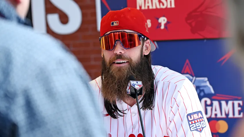 Jul 13, 2026; Philadelphia, PA, USA; Philadelphia Phillies Brandon Marsh (16) speaks before the home run derby at Citizens Bank Park. Mandatory Credit: Eric Hartline-Imagn Images