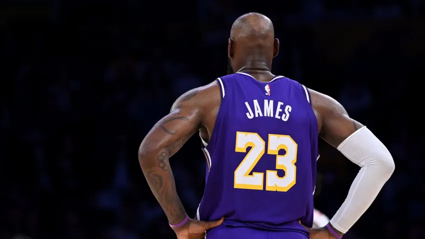 LeBron James, then #23 of the Los Angeles Lakers looks on.