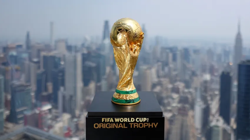 The FIFA World Cup Trophy is displayed at Edge at Hudson Yards.
