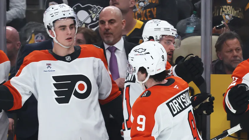 Porter Martone, Rick Tocchet, Travis Konecny, Jamie Drysdale