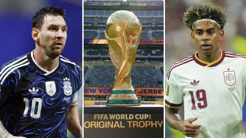 Split image of Messi, the World Cup trophy and Yamal.