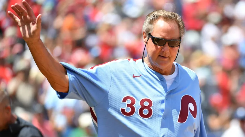 Aug 7, 2022; Philadelphia, Pennsylvania, USA; Former Philadelphia Phillies pitcher Larry Christenson acknowledges the crowd during Alumni Day ceremony before game against the Washington Nationals at Citizens Bank Park. Mandatory Credit: Eric Hartline-USA TODAY Sports