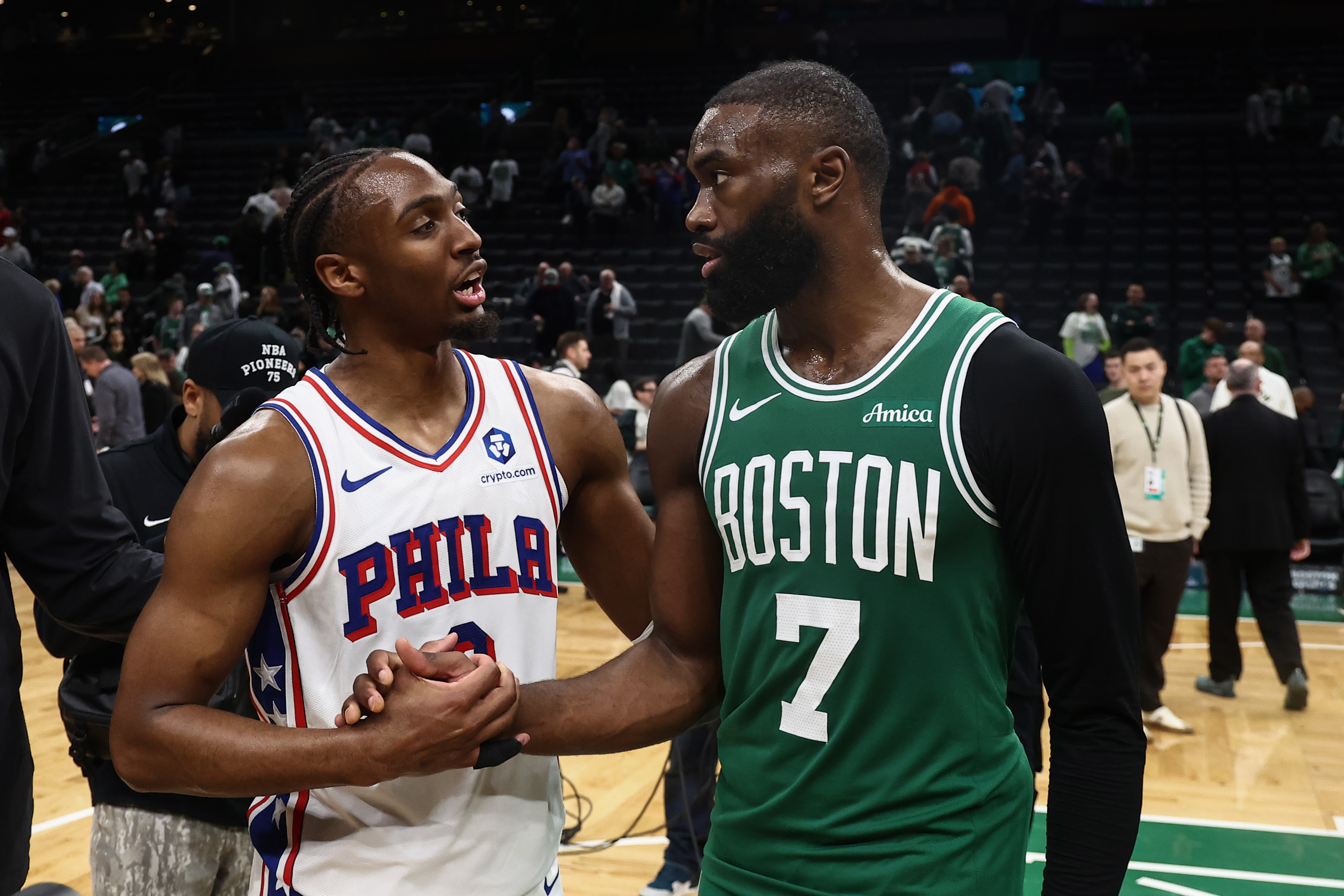 May 2, 2026; Boston, Massachusetts, USA; Philadelphia 76ers guard Tyrese Maxey (0) talks with Boston Celtics guard Jaylen Brown (7)after PhiladephiaÕs win in game seven of the first round of the 2026 NBA Playoffs at TD Garden. Mandatory Credit: Winslow Townson-Imagn Images
